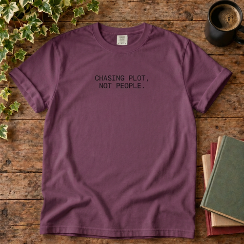 Chasing plot not people T-shirt in darker Berry, stylised flat lay