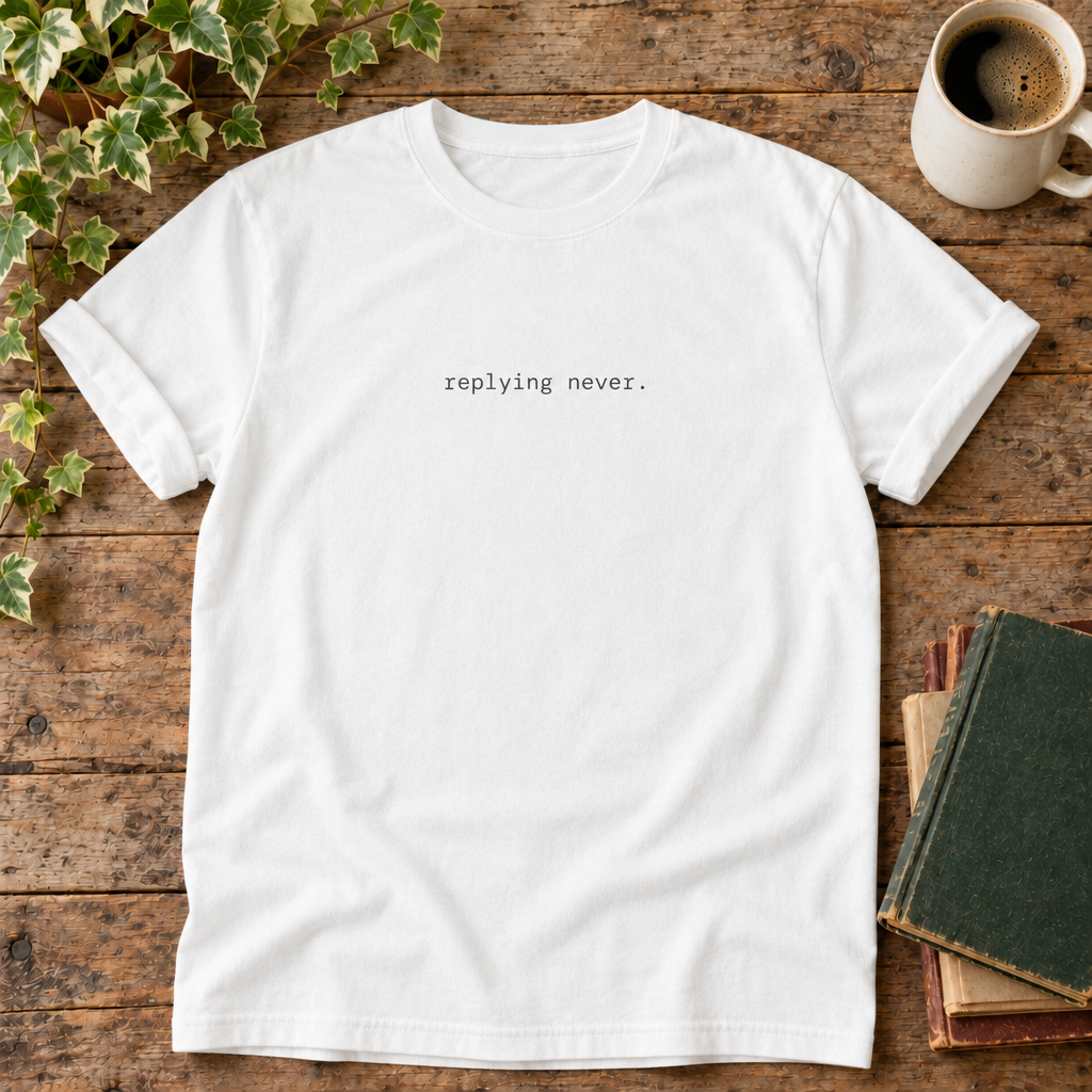 Replying never. White t-shirt weathered-wood flat lay