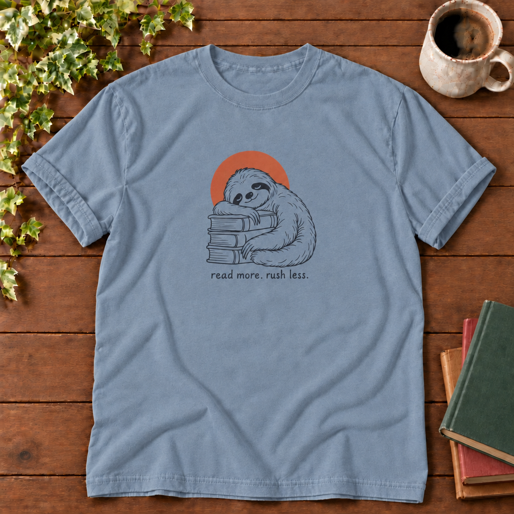 Read more rush less Blue Jean sloth flat lay, smooth wood and clean book stack
