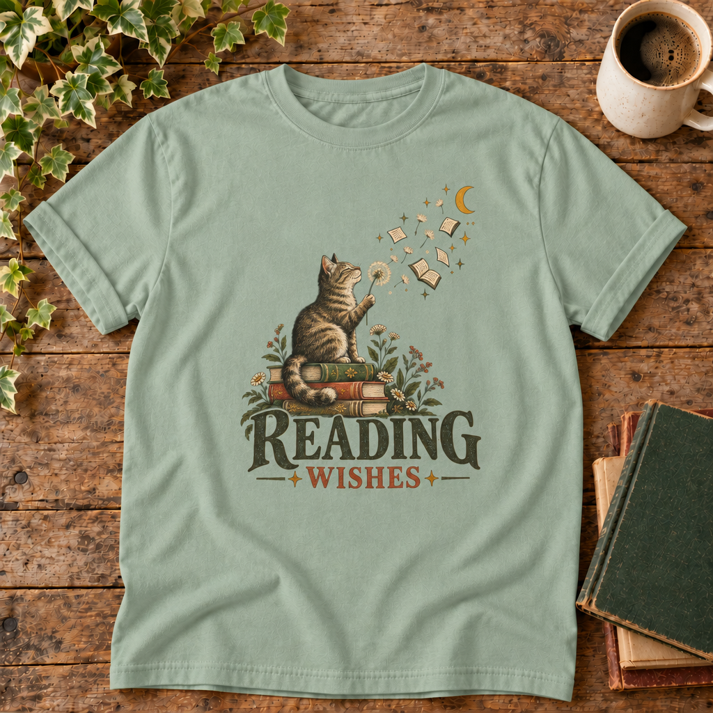 Reading Wishes tee in Bay with cat, books and moon