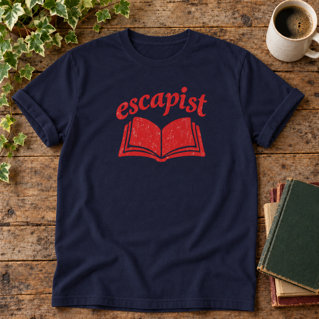 Escapist True Navy t-shirt weathered-wood flat lay