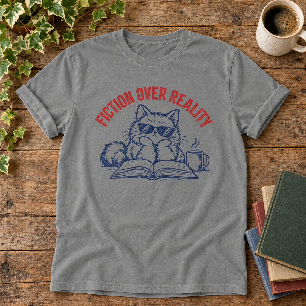 Fiction over reality Grey t-shirt flat lay