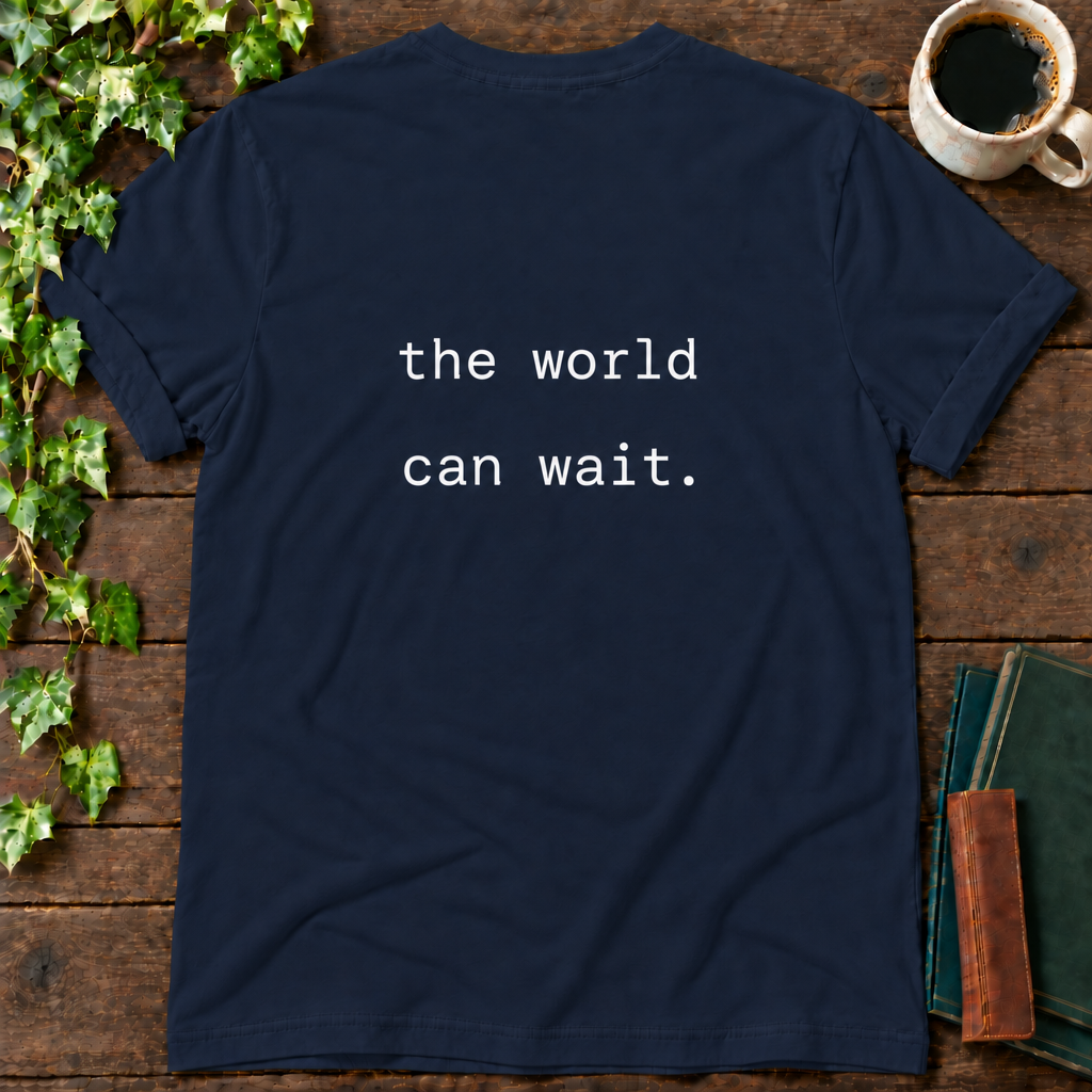 the world can wait. navy t-shirt back print flat lay