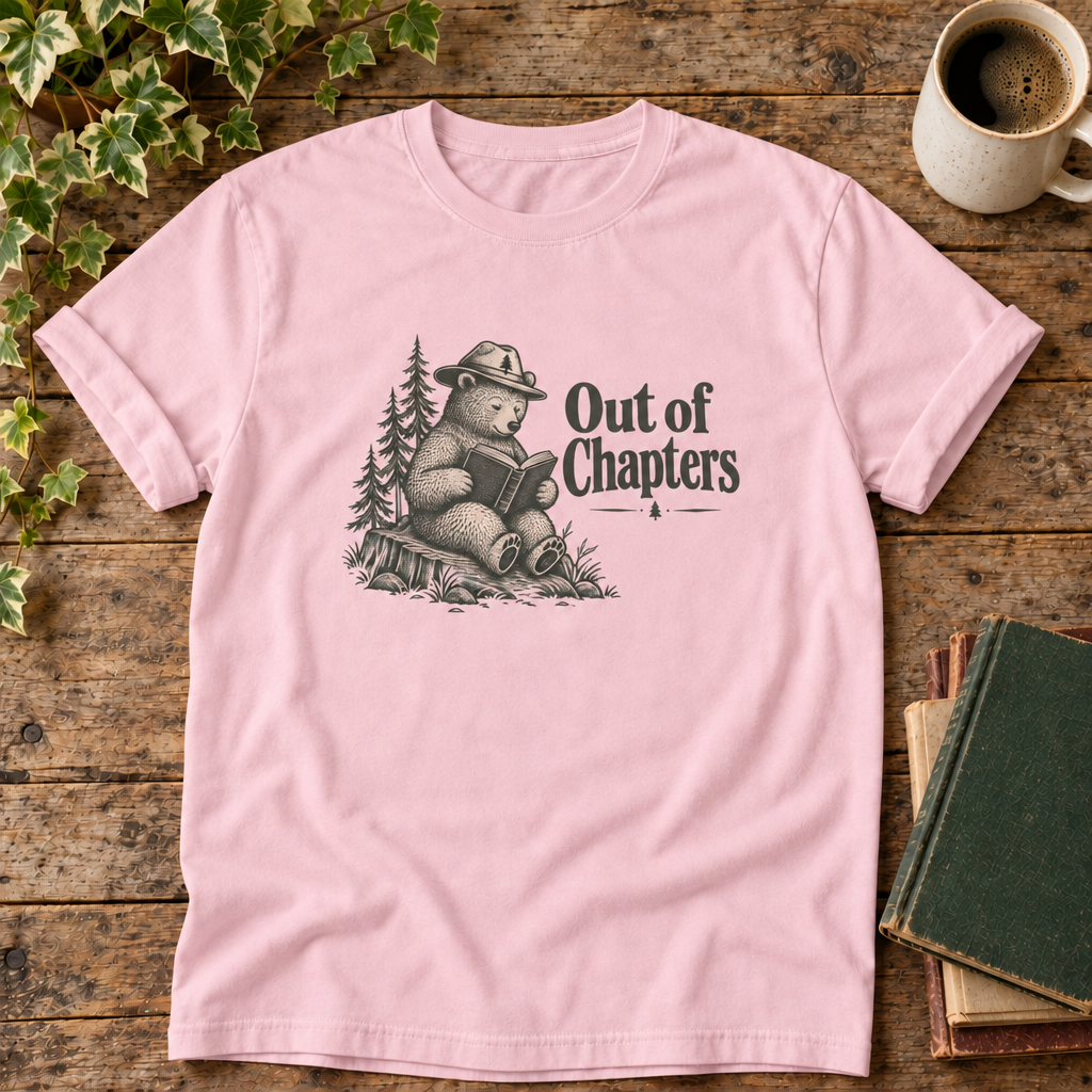 Reading Bear tee in Blossom on wood with blank antique books