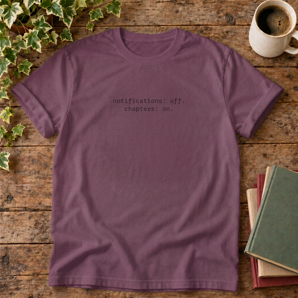 Notifications off chapters on T-shirt in Berry, stylised flat lay