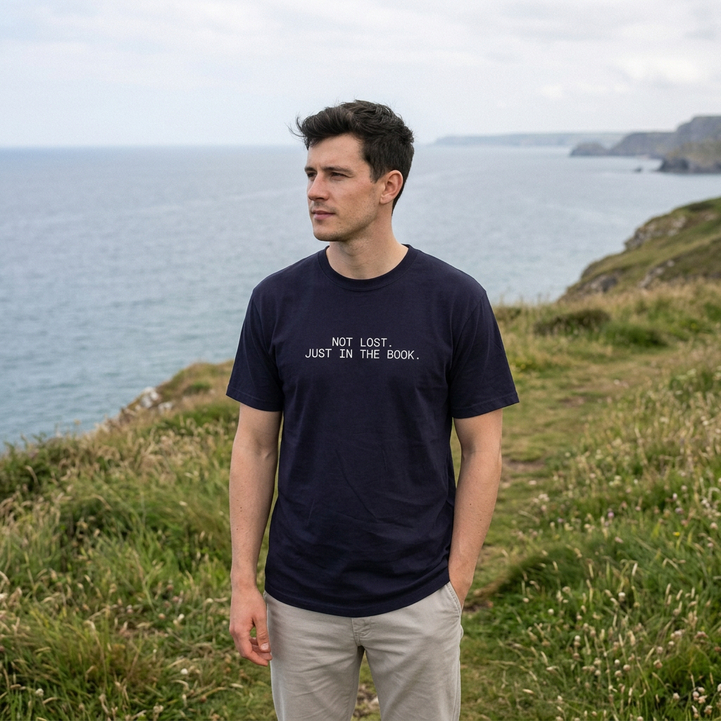 Man looking towards the sea wearing Not lost just in the book T-shirt in True Navy, front print visible