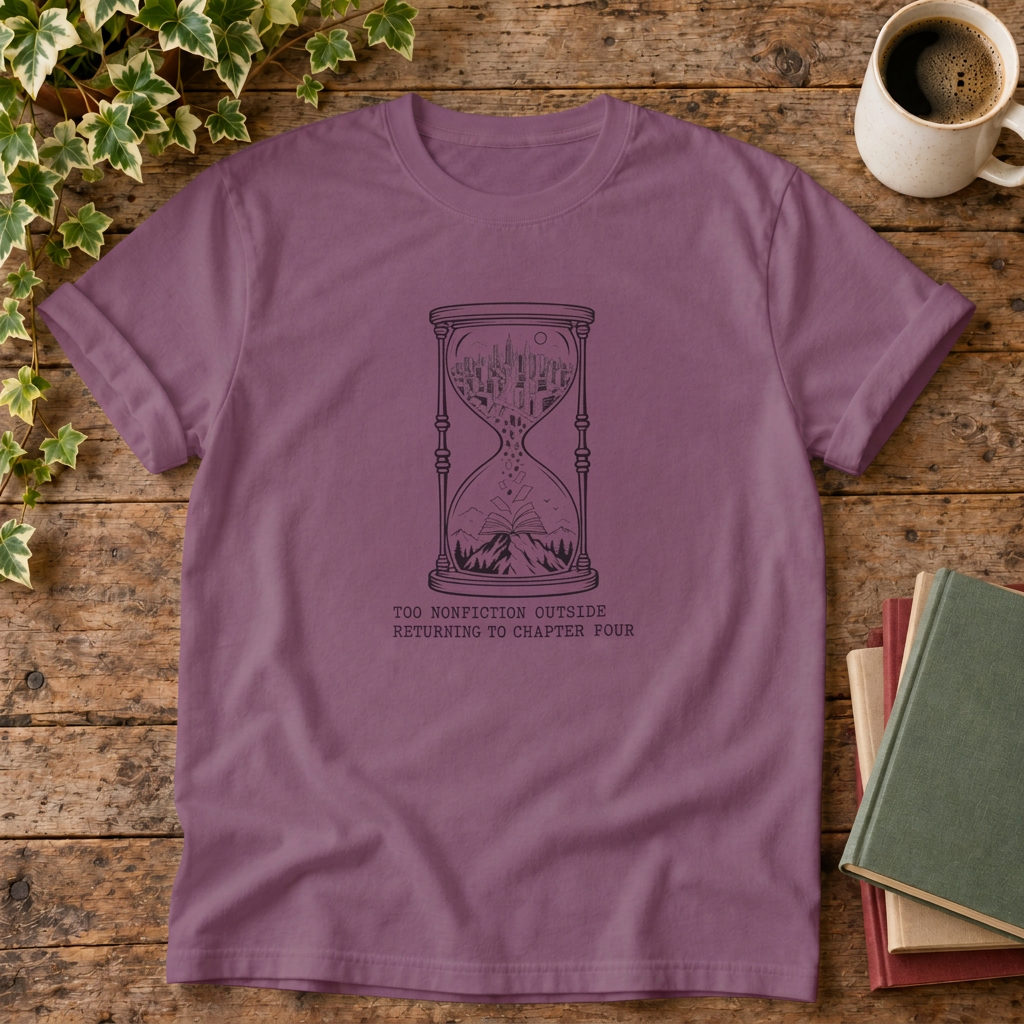 Too much fiction outside hourglass t-shirt in Berry, rustic flat lay