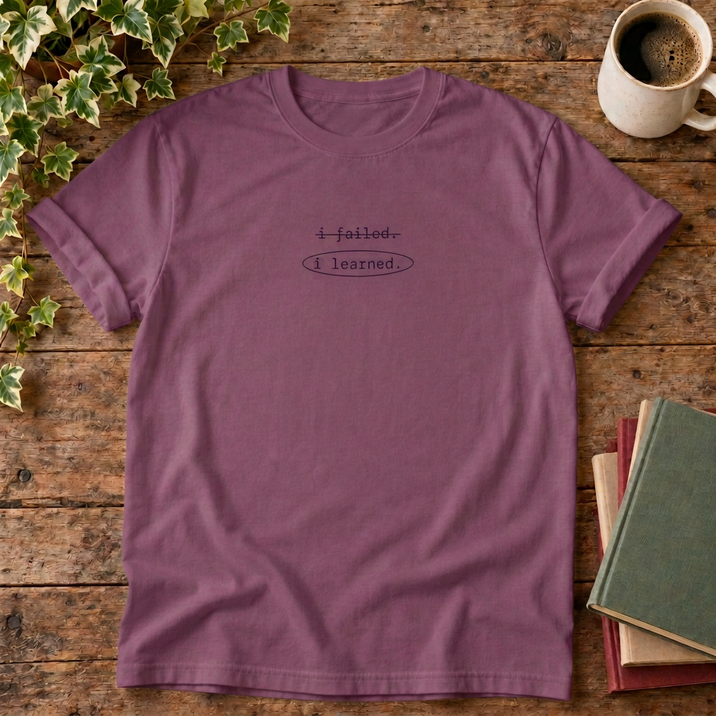 i failed, i learned. t-shirt in Berry, rustic wood flat lay