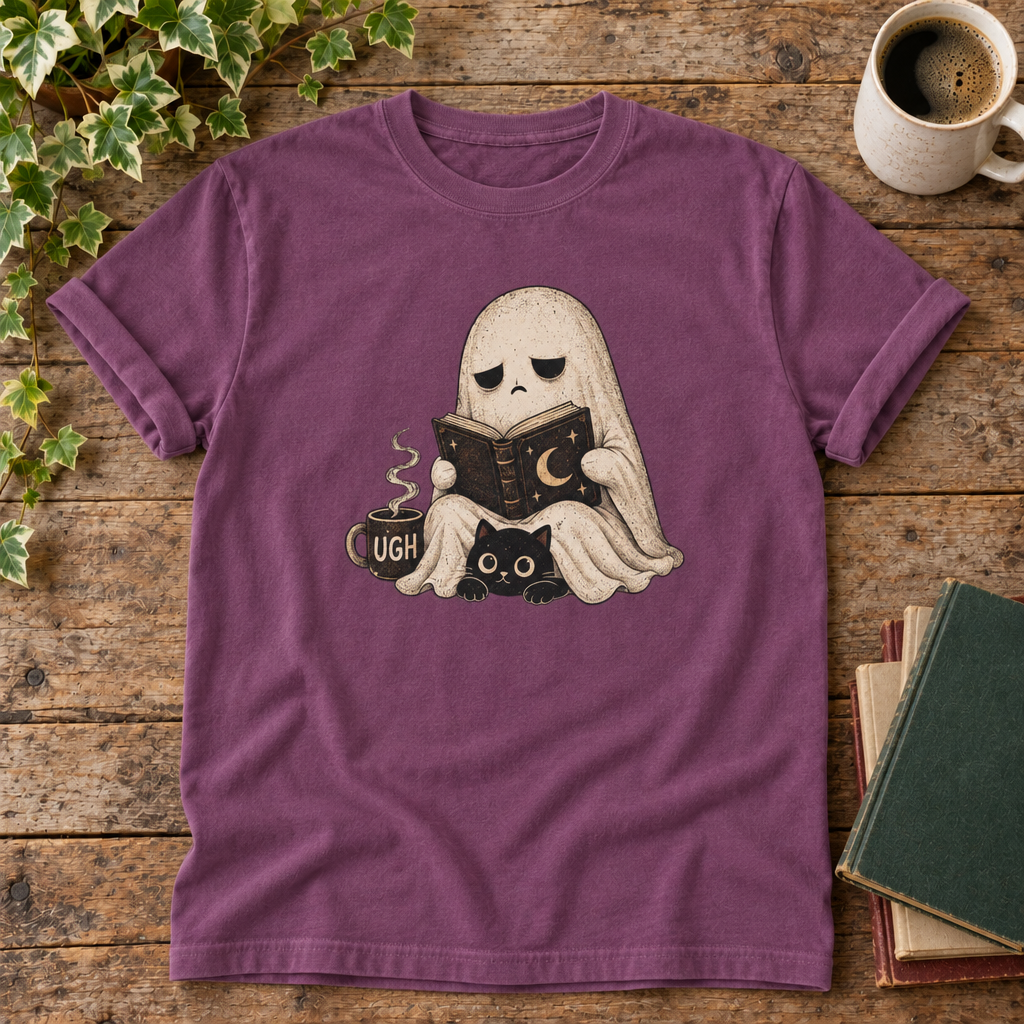 Ghost reading Berry t-shirt flat lay