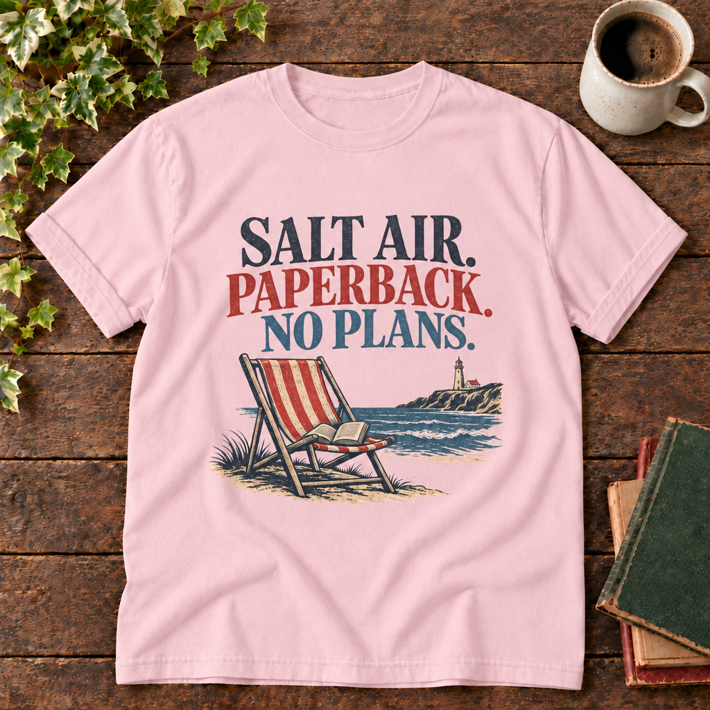 Blossom Salt Air Paperback No Plans tee with coastal print