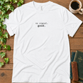 White regular-fit tee printed with no signal. good., flat lay on rustic wood with ivy, coffee and vintage books