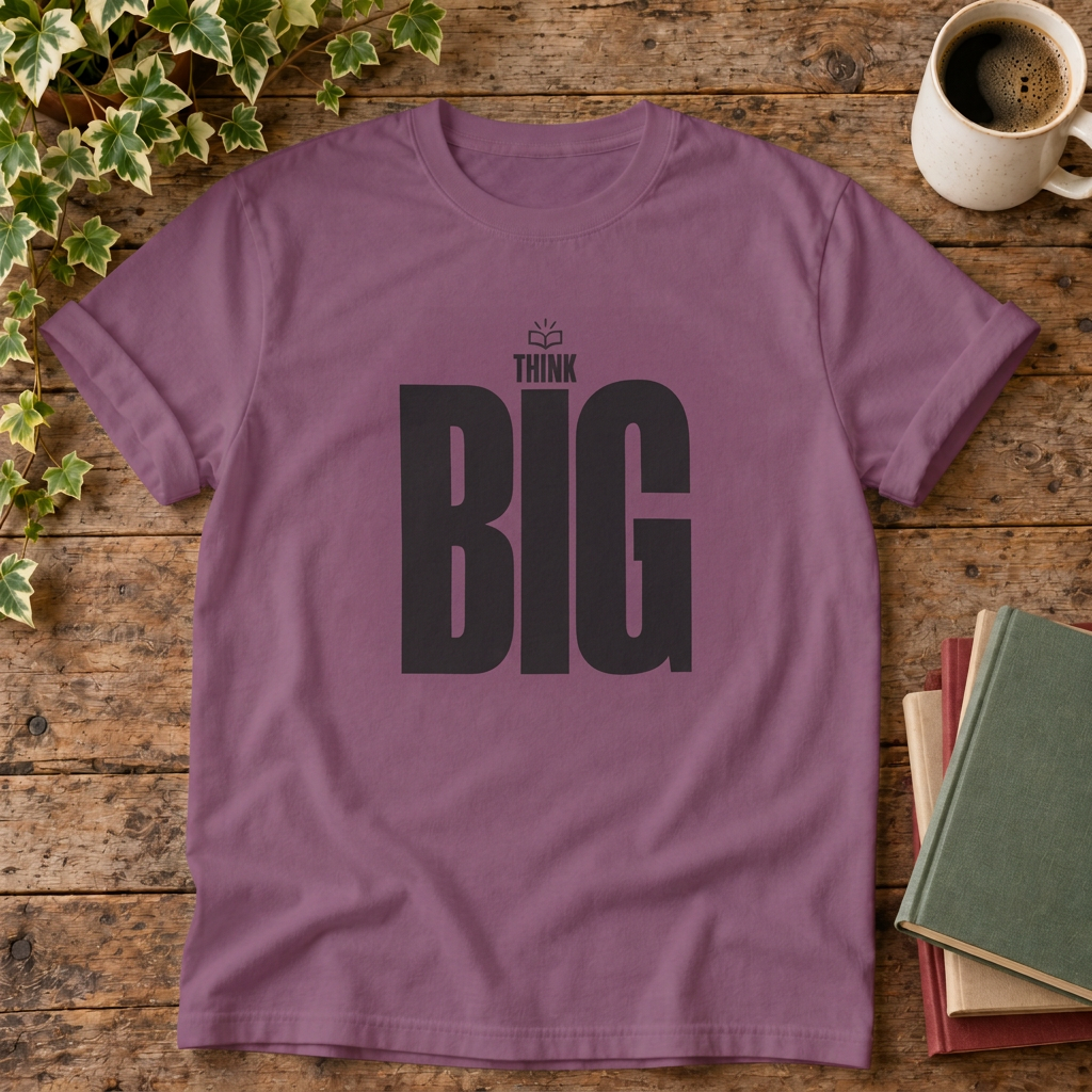 Think Big Berry T-shirt wood-and-books flat lay