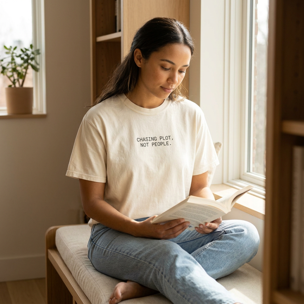 Woman reading wearing chasing plot not people T-shirt in Ivory