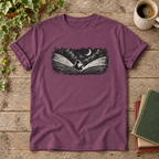 Reader under moonlight Berry t-shirt flat lay