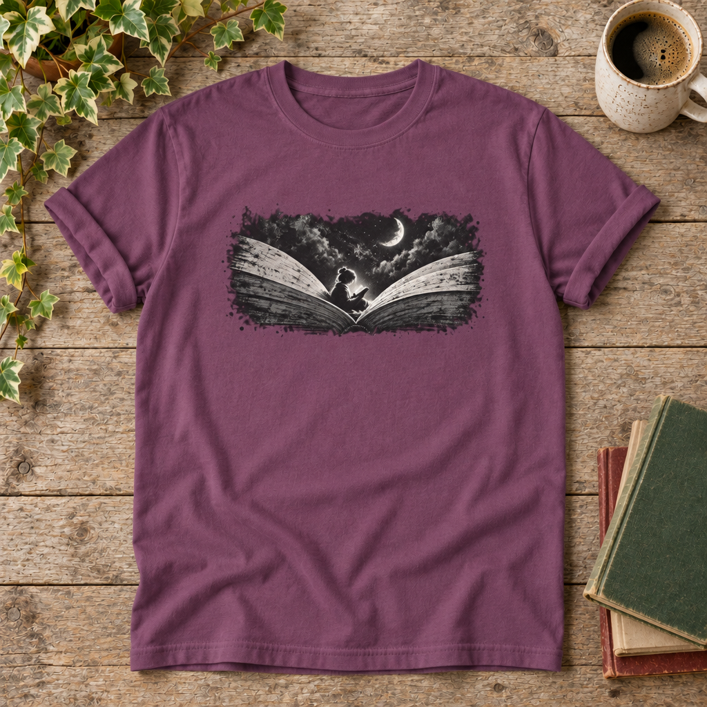 Reader under moonlight Berry t-shirt flat lay