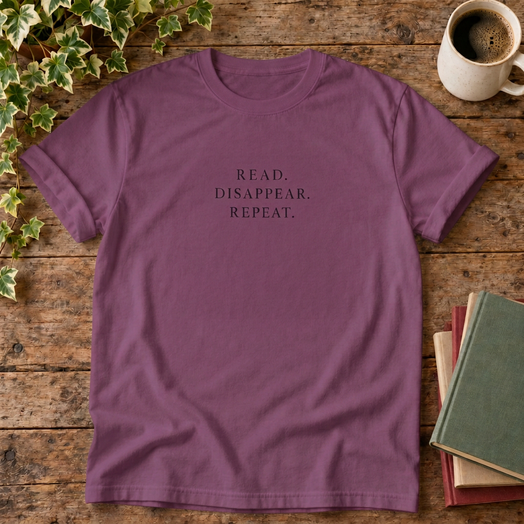 Read disappear repeat t-shirt in Berry, rustic wood flat lay