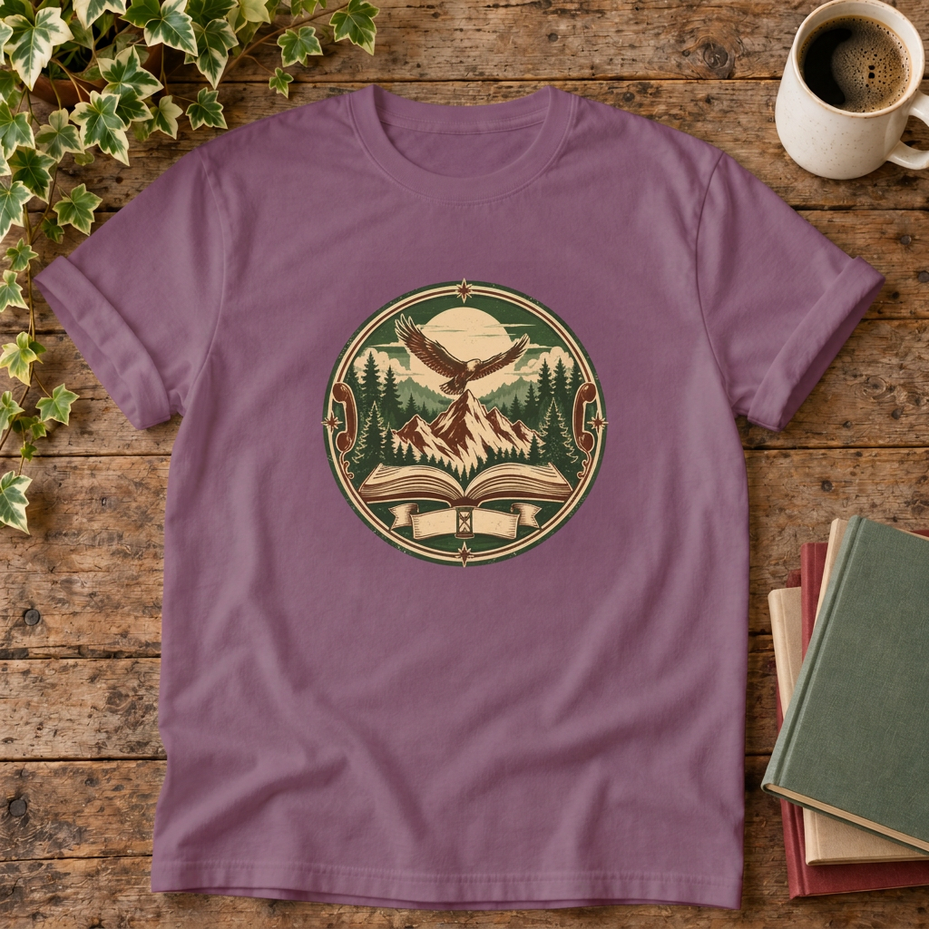 Mountain adventure vintage eagle and book t-shirt in Berry, rustic flat lay