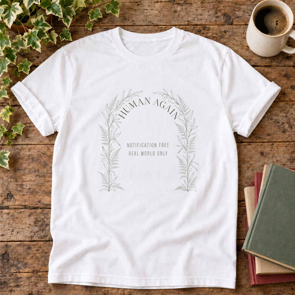 Human again t-shirt in White, rustic flat lay