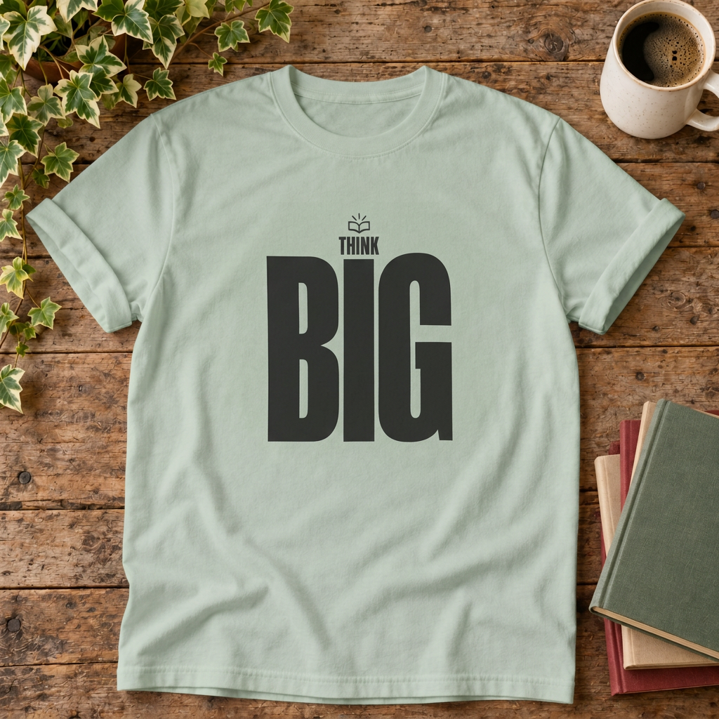 Think Big Bay T-shirt wood-and-books flat lay