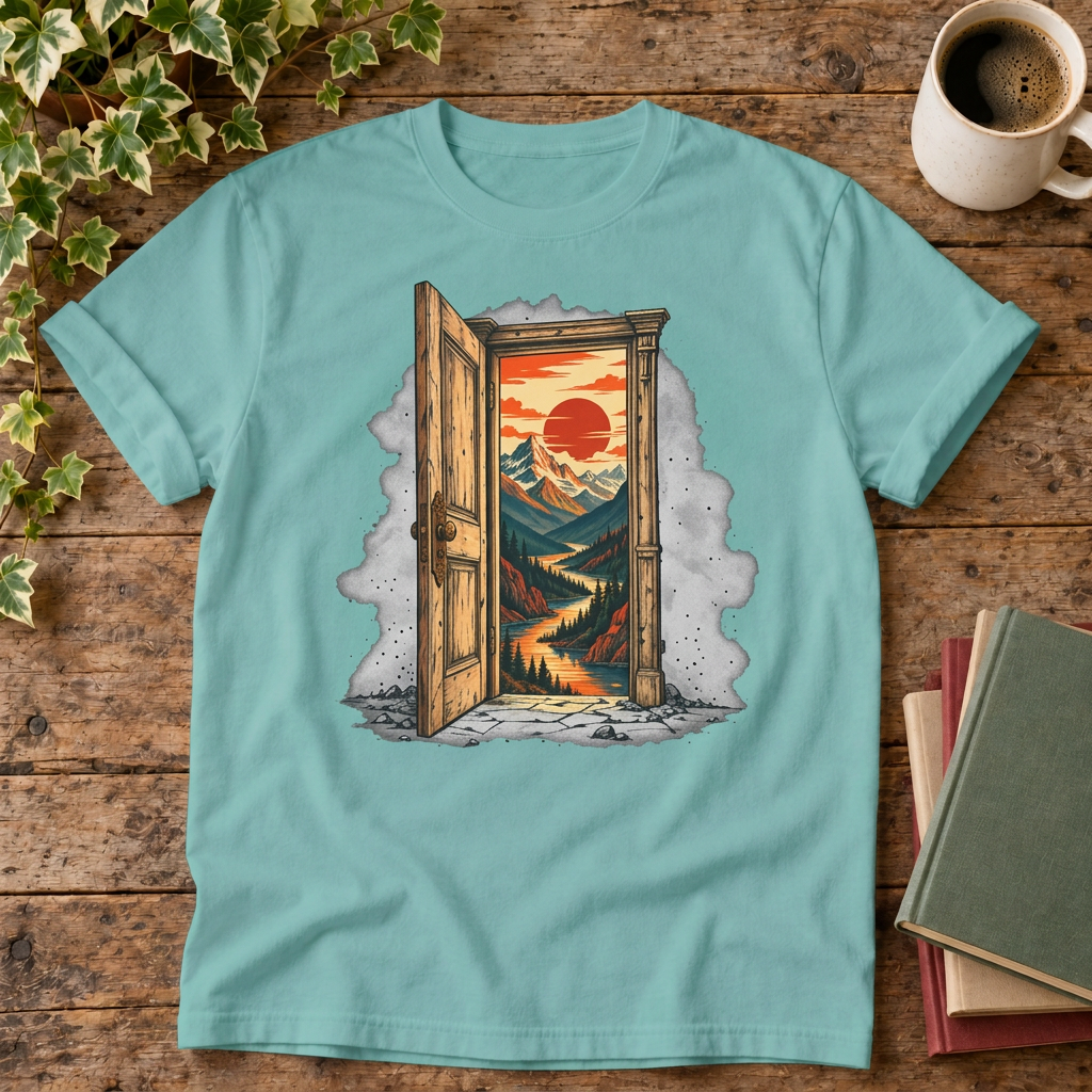 No notifications doorway graphic t-shirt in Seafoam, rustic flat lay