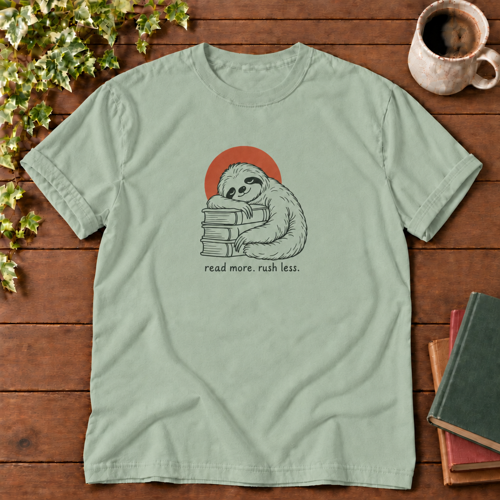 Read more rush less Bay sloth flat lay, smooth wood and clean book stack