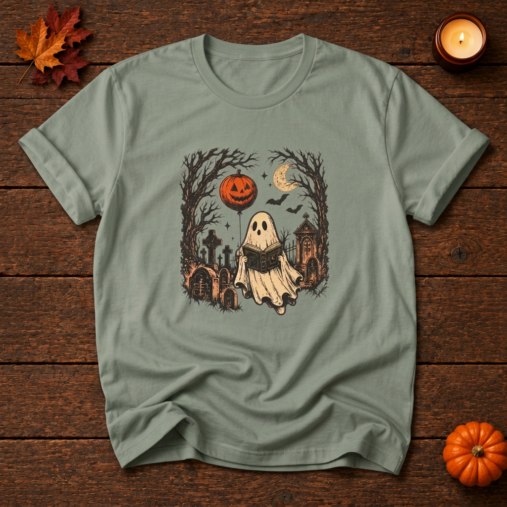 Graveyard reader front-print t-shirt in Bay, Halloween flat lay