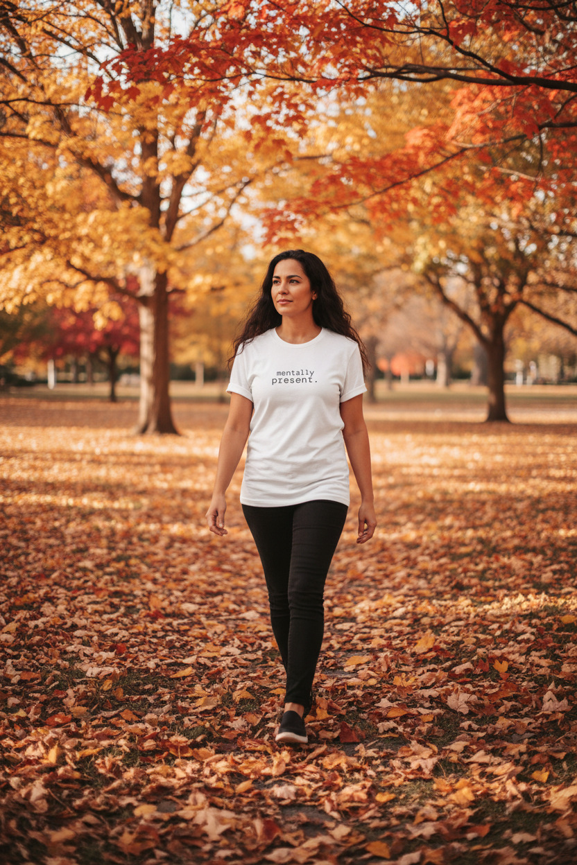 mentally present. woman walking in autumn park, golden leaves