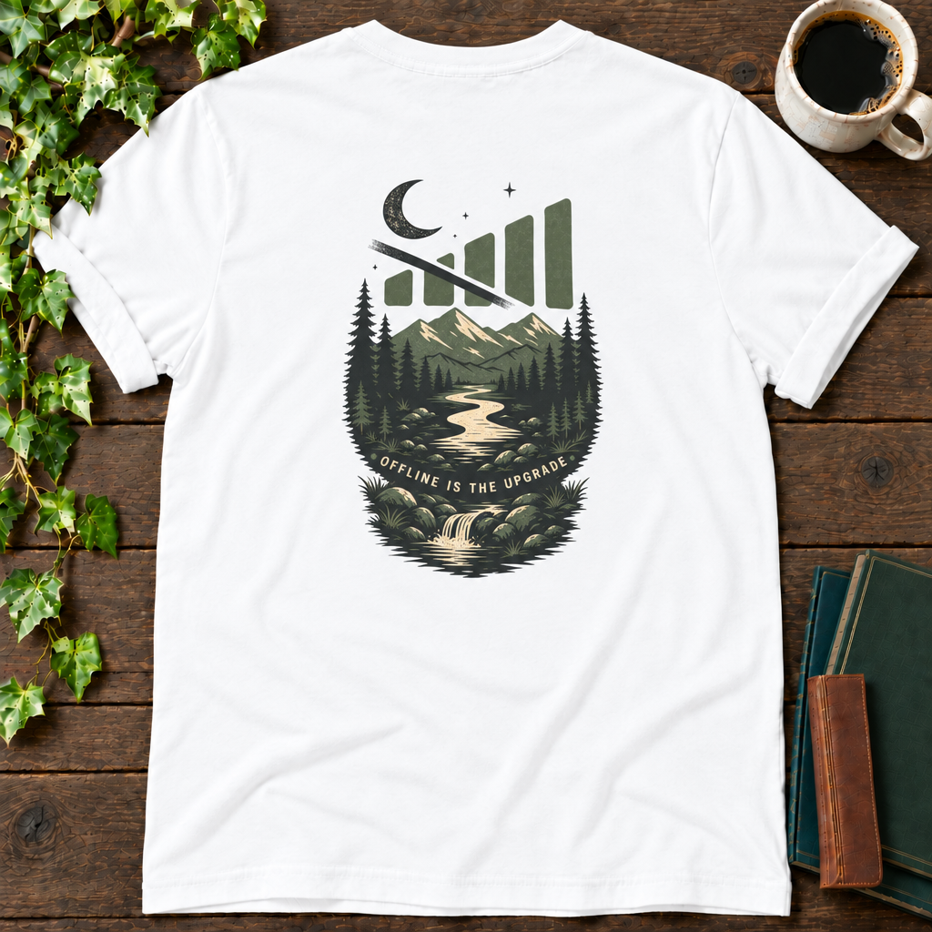 offline mode nature. white t-shirt back print flat lay