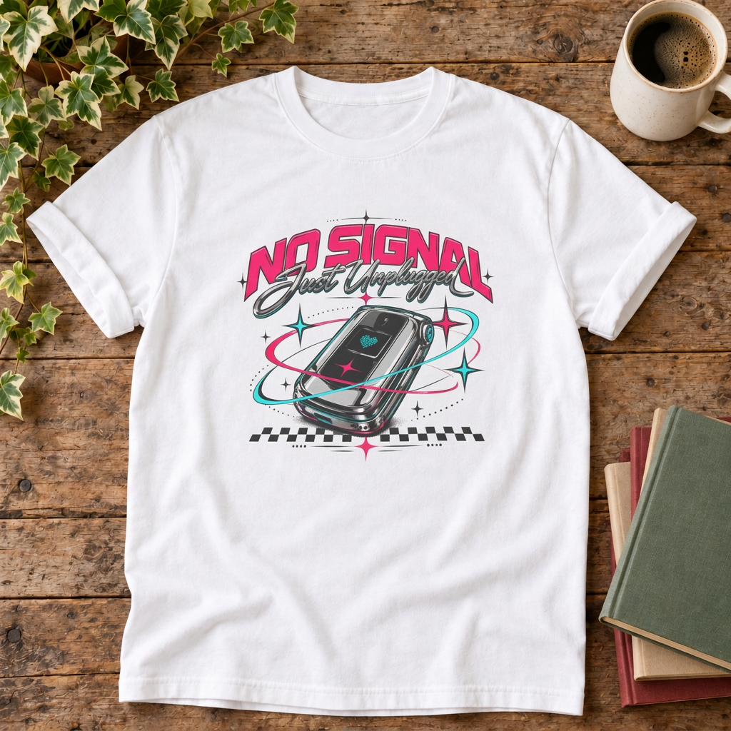No signal retro t-shirt in White, rustic flat lay