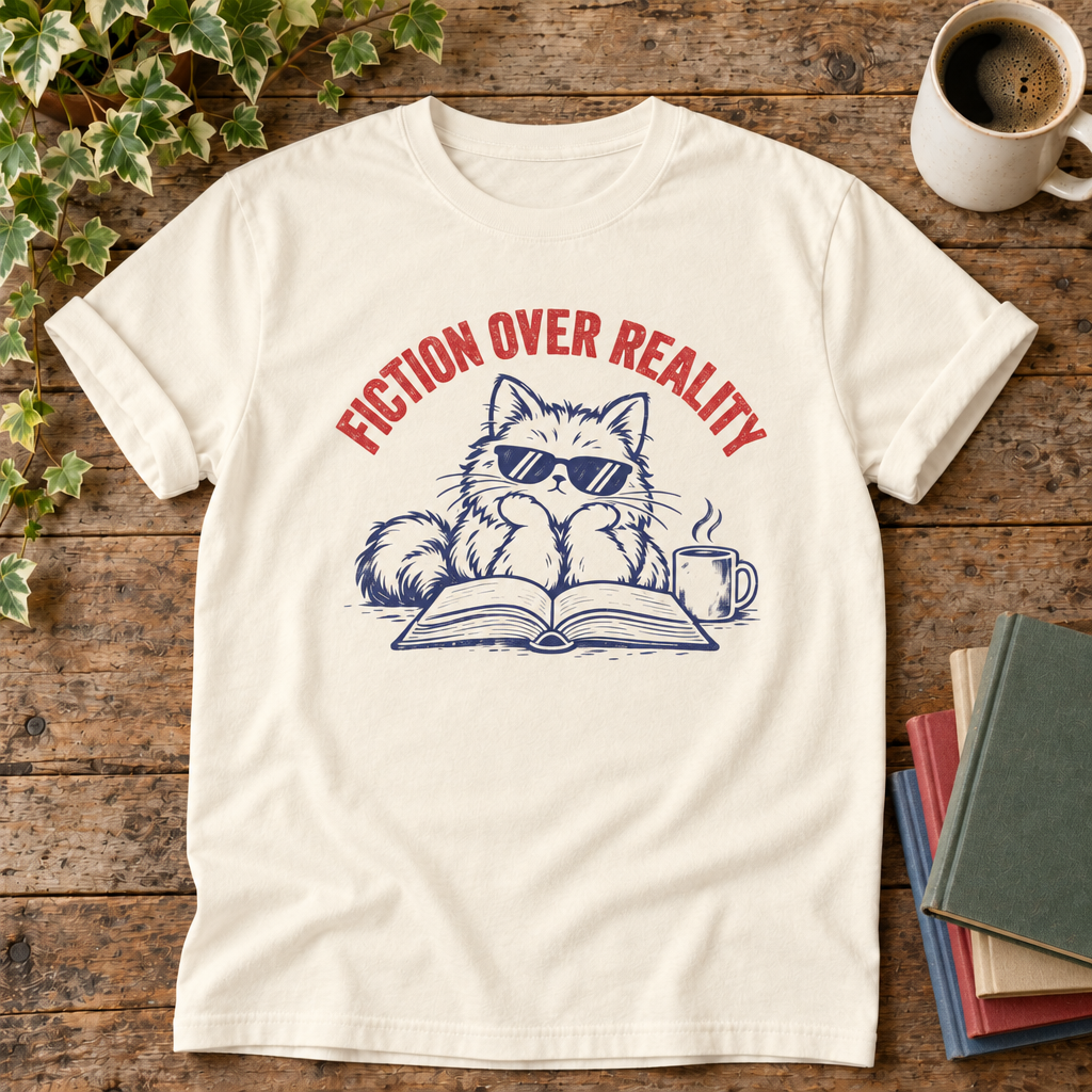 Fiction over reality Ivory t-shirt flat lay