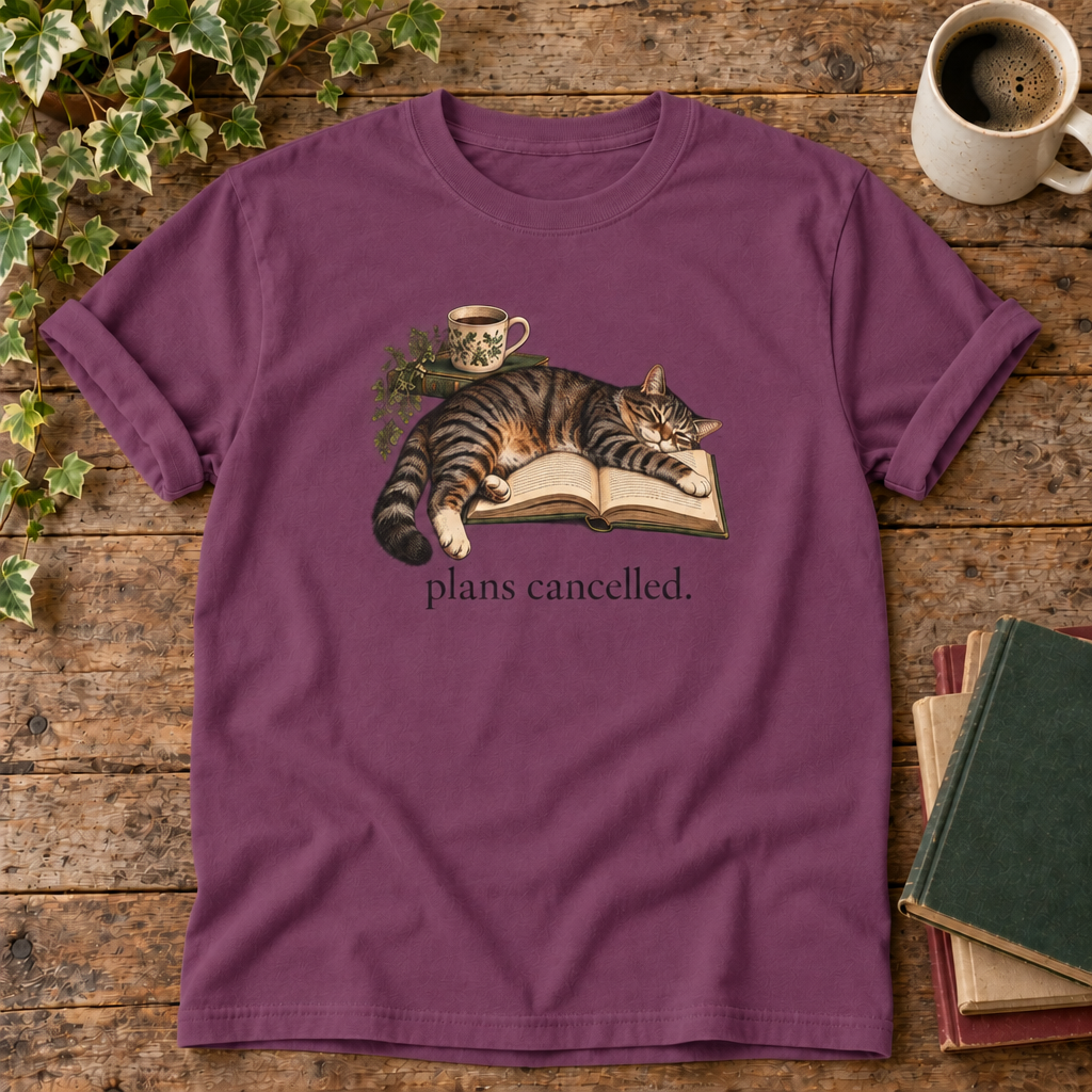 Plans cancelled. Berry cat and book t-shirt flat lay