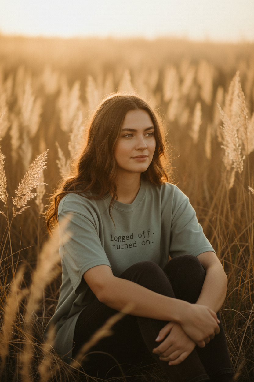 logged off. turned on. — sage green relaxed fit, pampas field lifestyle editorial