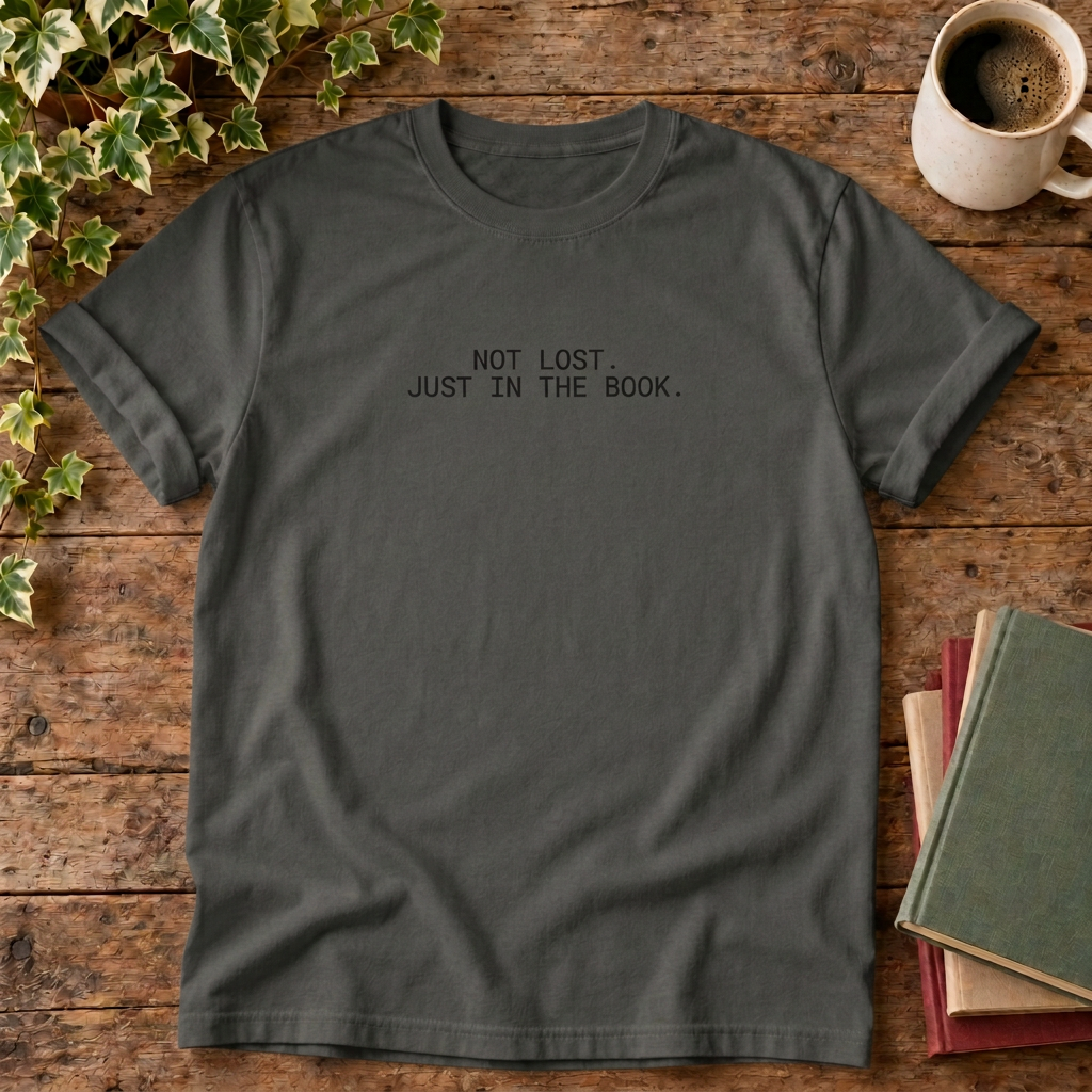 Not lost just in the book T-shirt in darker Pepper, stylised flat lay