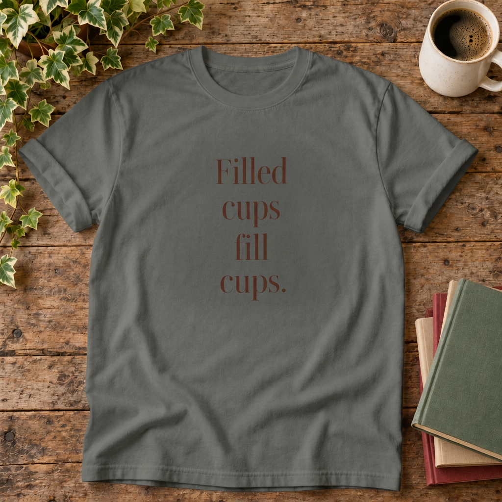 Filled cups fill cups. Pepper T-shirt wood-and-books flat lay