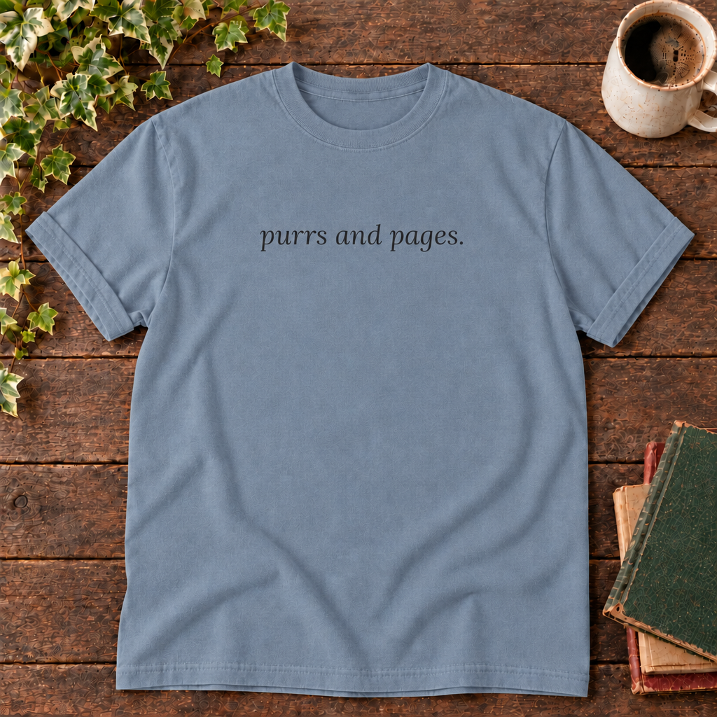 Blue Jean purrs and pages tee with plain neckline