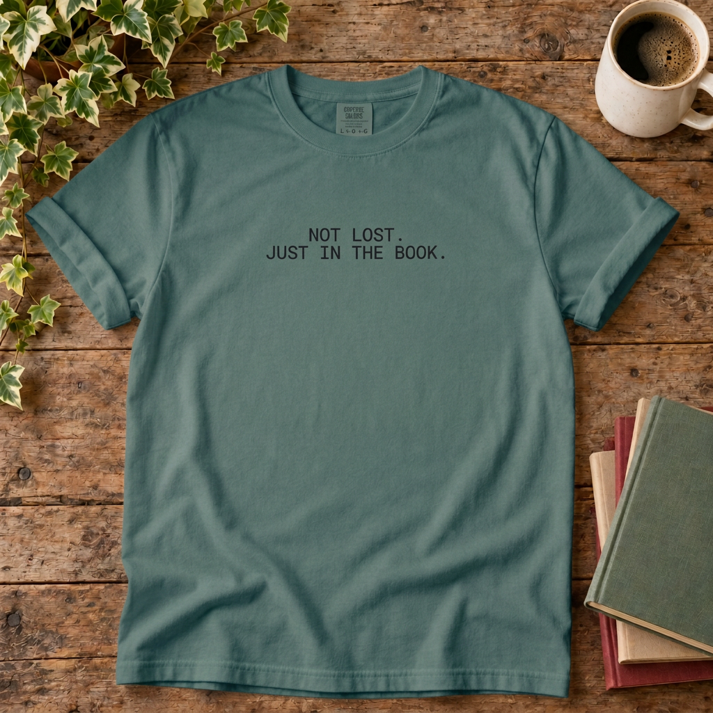 Not lost just in the book T-shirt in Blue Spruce, flat lay