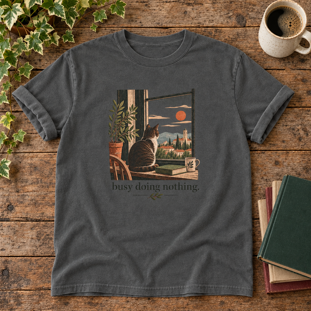 Busy doing nothing. Pepper cat at window t-shirt flat lay