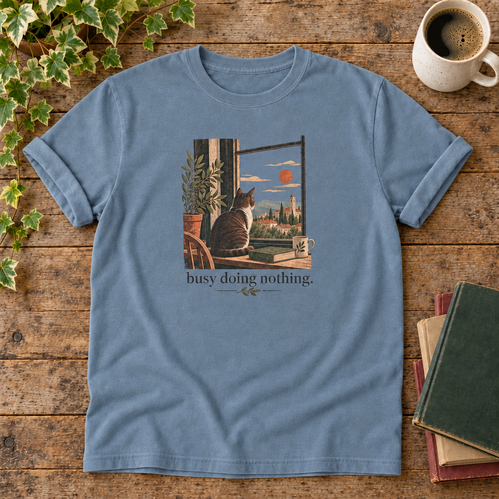 Busy doing nothing. Blue Jean cat at window t-shirt flat lay