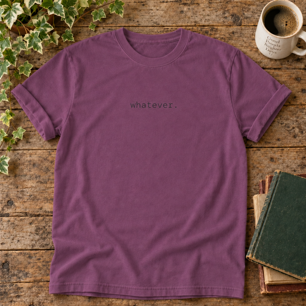 Whatever. Berry t-shirt weathered-wood flat lay