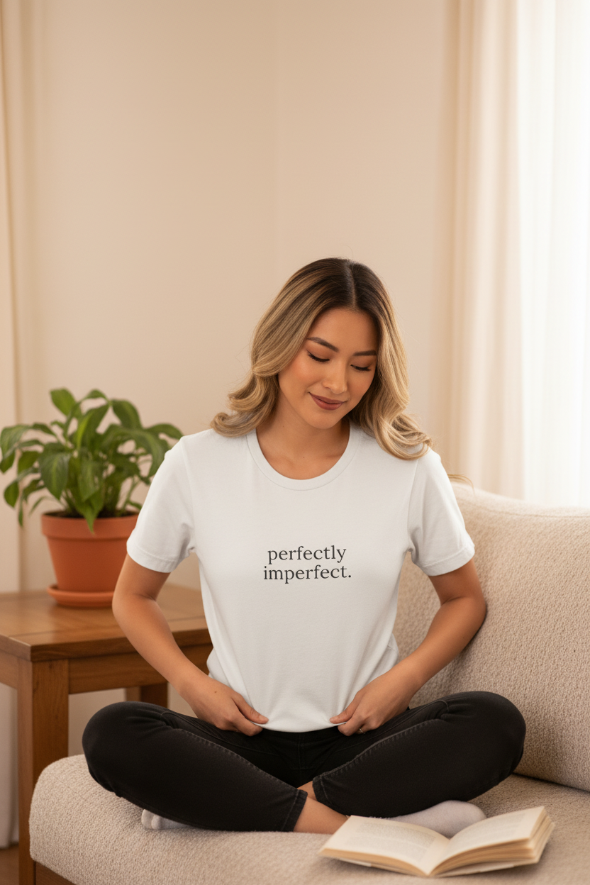 perfectly imperfect. Chinese woman sitting cross-legged, cosy indoor