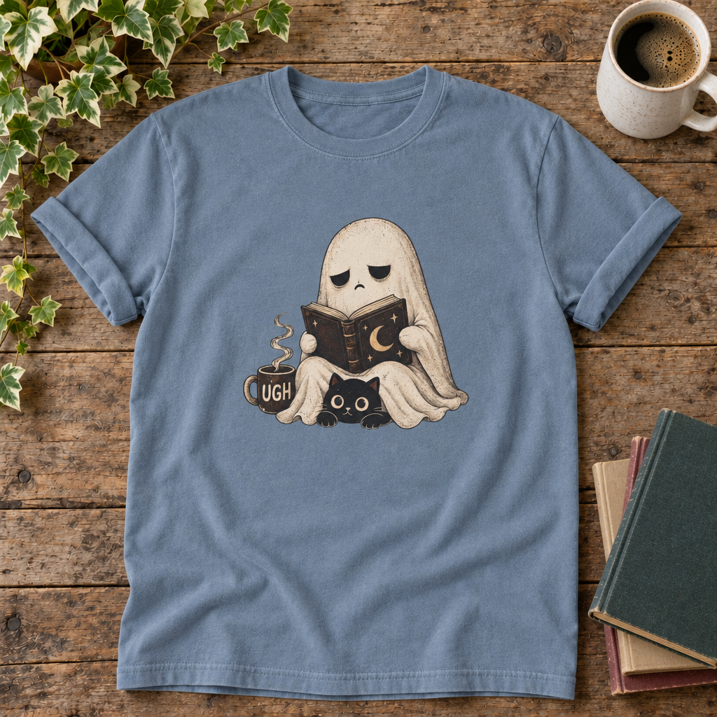 Ghost reading Blue Jean t-shirt flat lay