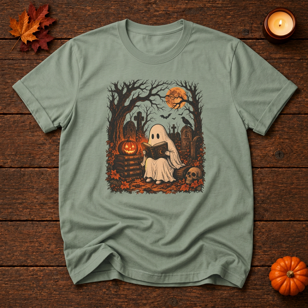 Spooky ghost cemetery front-print t-shirt in Bay, Halloween flat lay