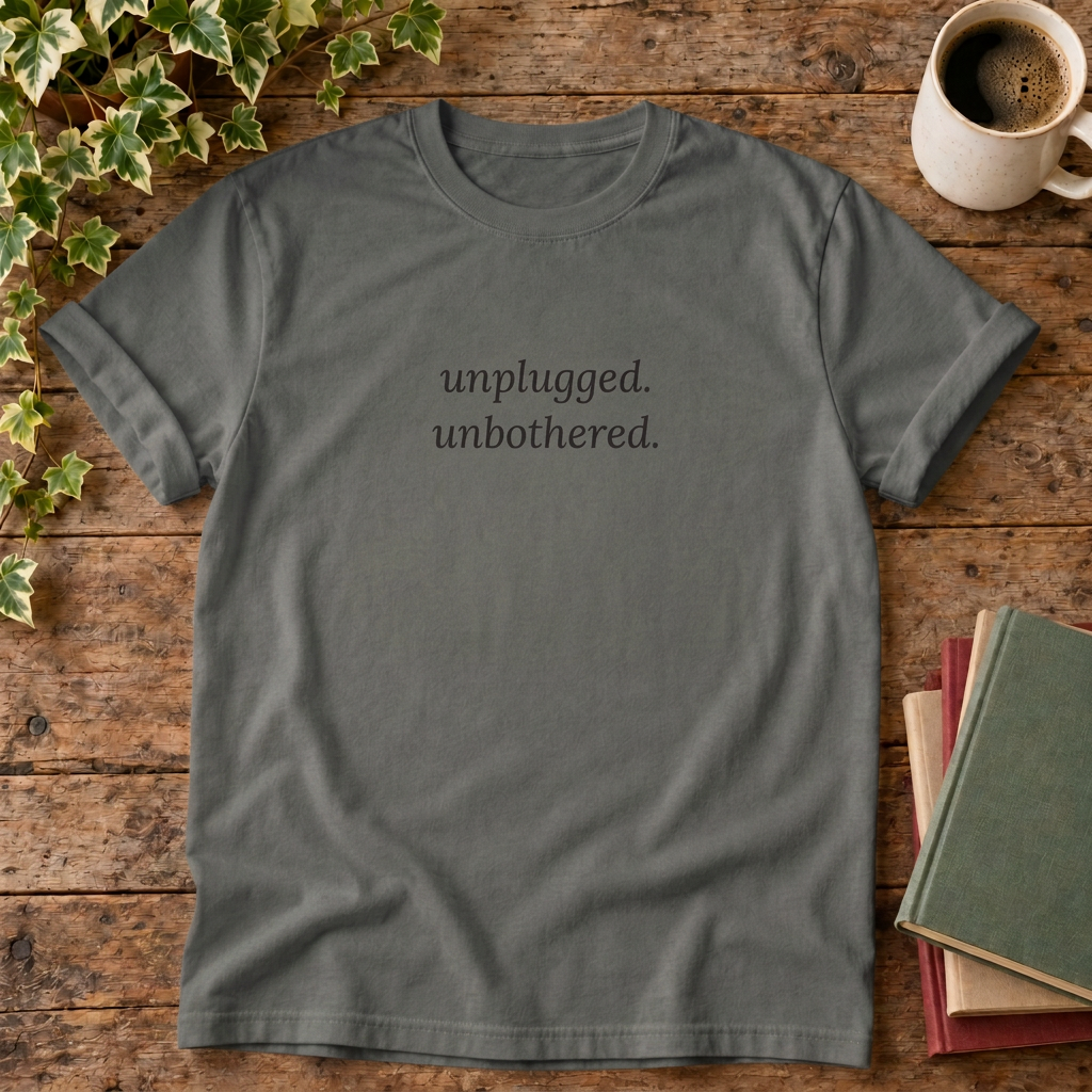 Unplugged unbothered T-shirt in Pepper, stylised flat lay
