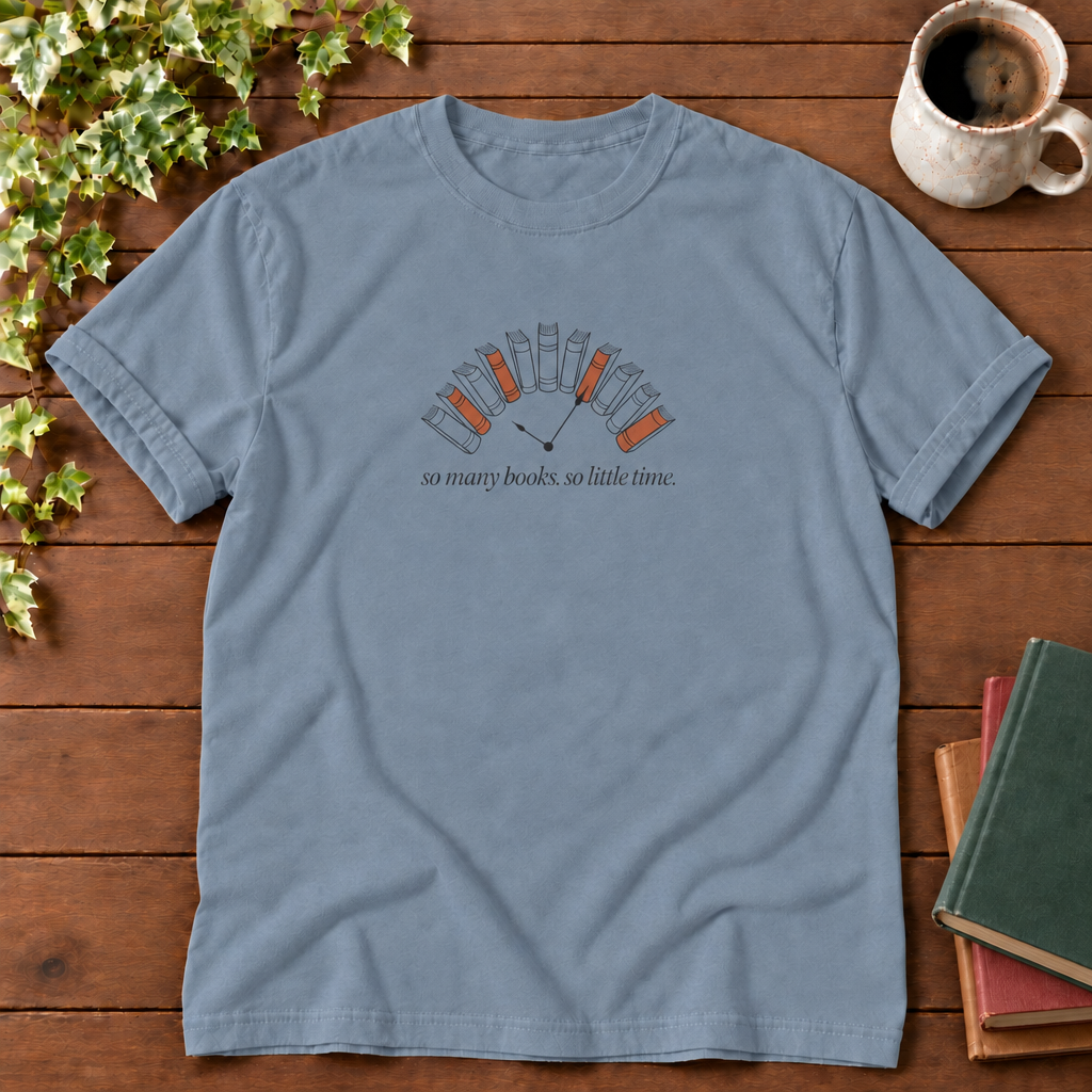 So many books so little time Blue Jean, smooth wood and realistic green red tan book stack