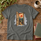 No notifications doorway graphic t-shirt in Pepper, rustic flat lay