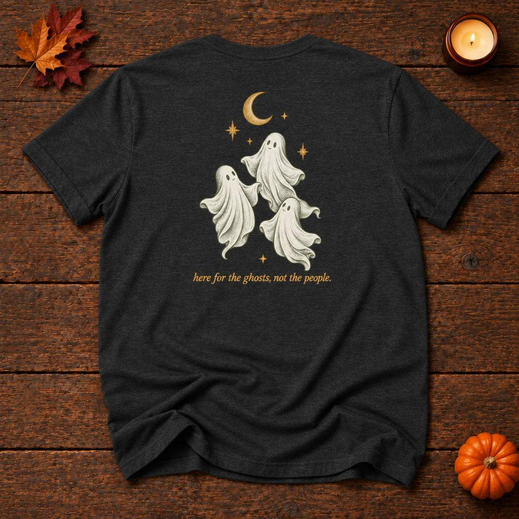 no thanks. dark grey heather t-shirt back ghosts print, Halloween flat lay