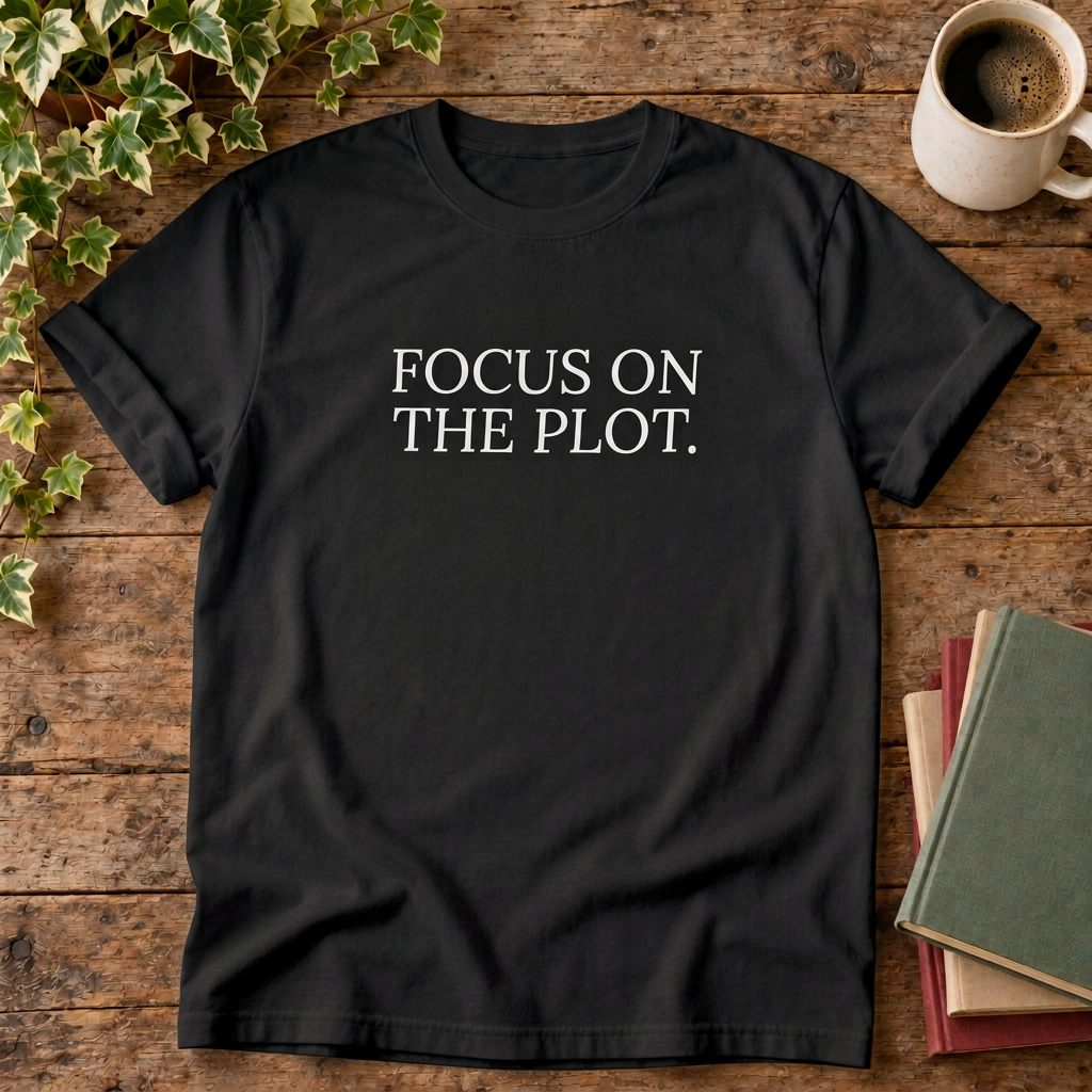 Focus on the plot T-shirt in Black with white lettering, flat lay