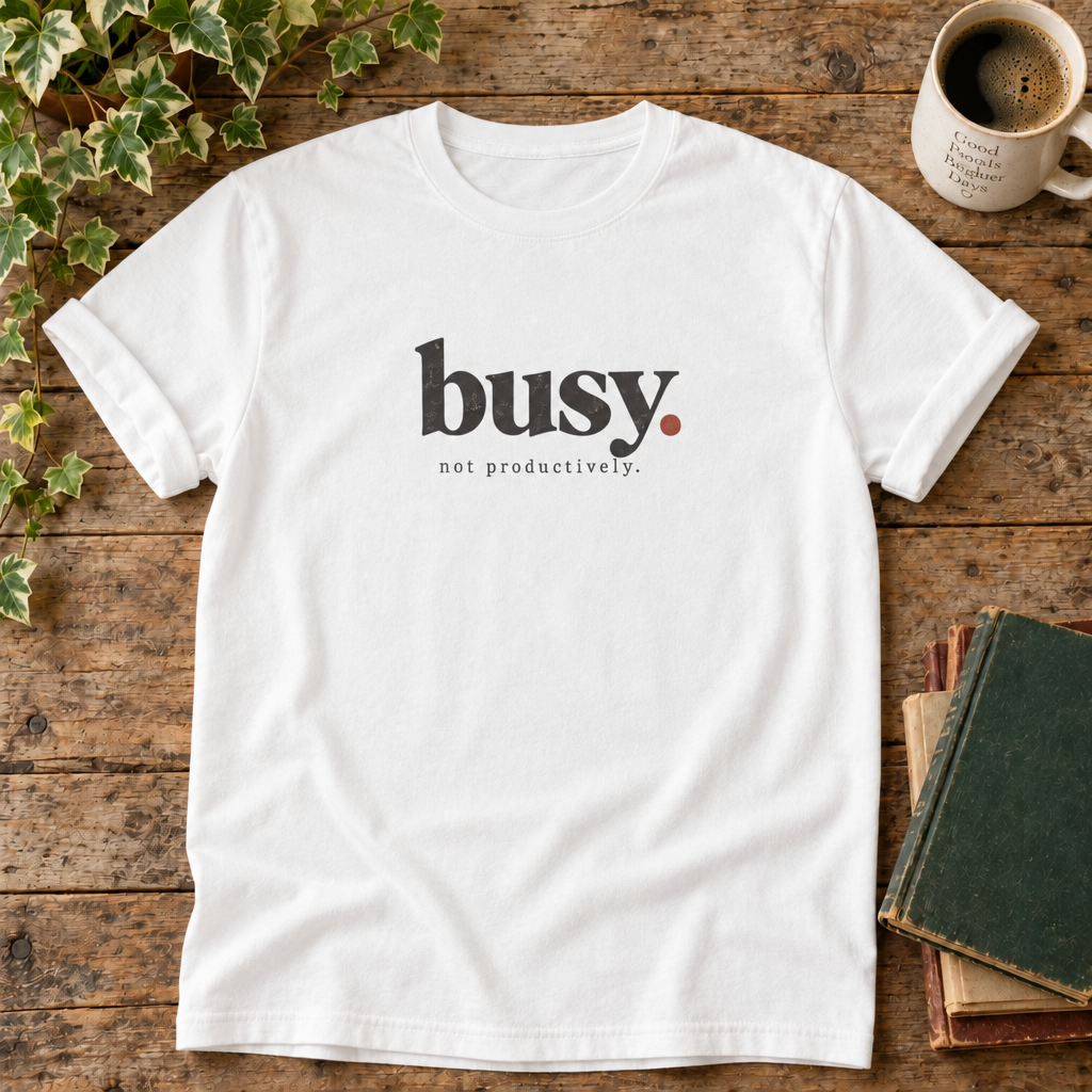 Busy. Not productively. White t-shirt flat lay
