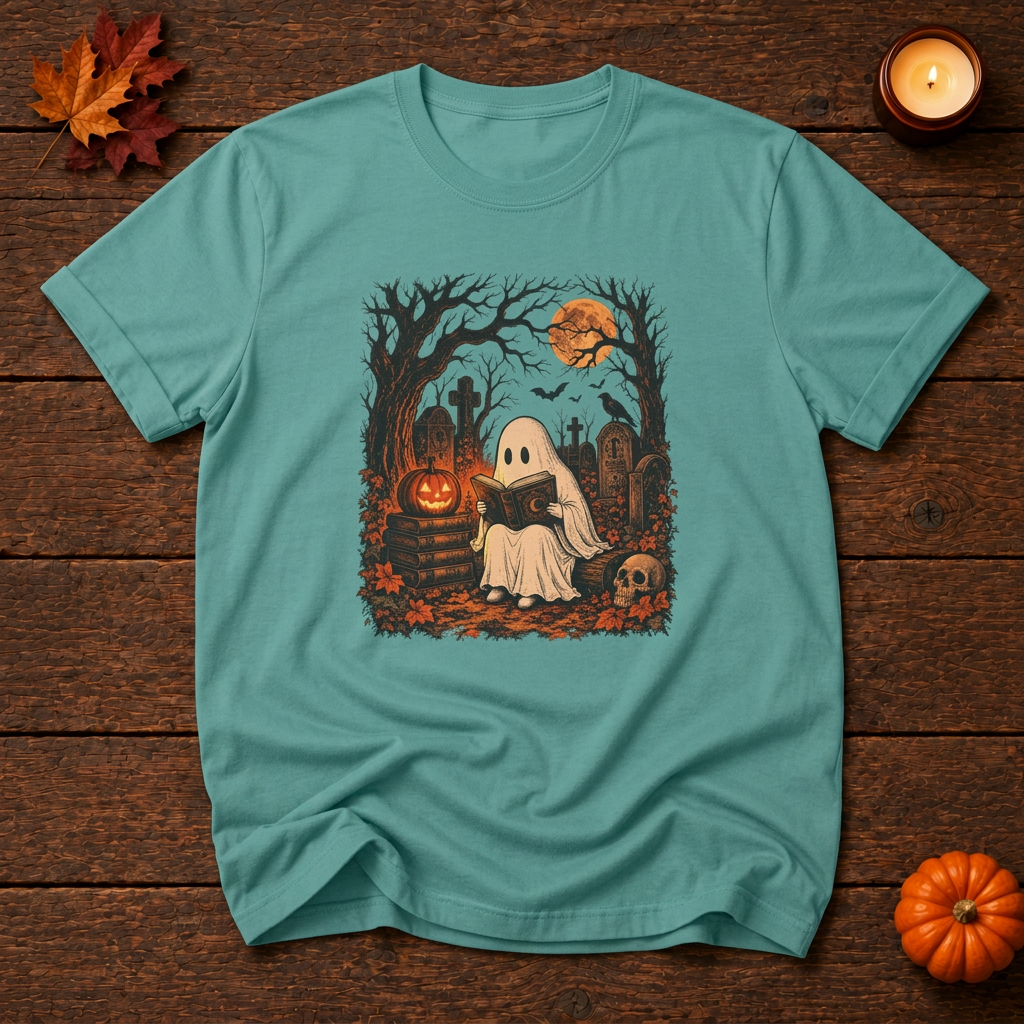 Spooky ghost cemetery front-print t-shirt in Seafoam, Halloween flat lay