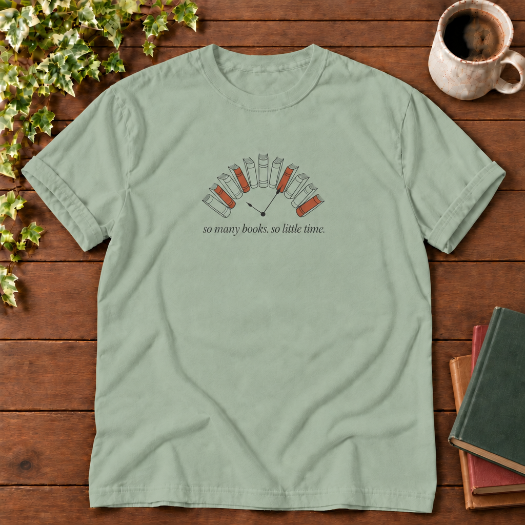 So many books so little time Bay, smooth wood and realistic green red tan book stack